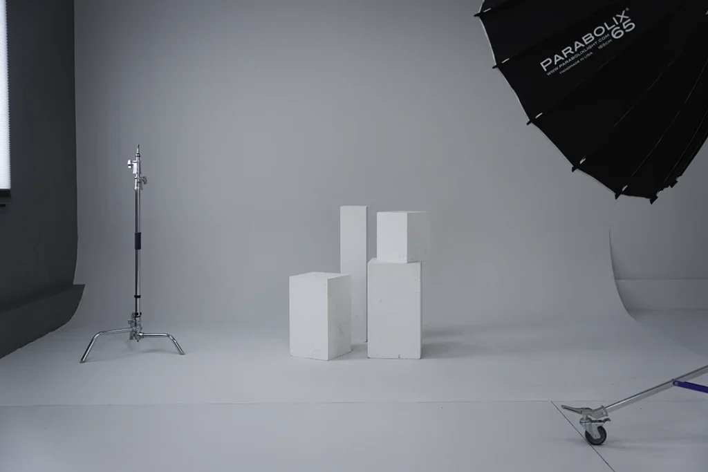 cyclorama with posing boxes and equipment at self portrait studio
